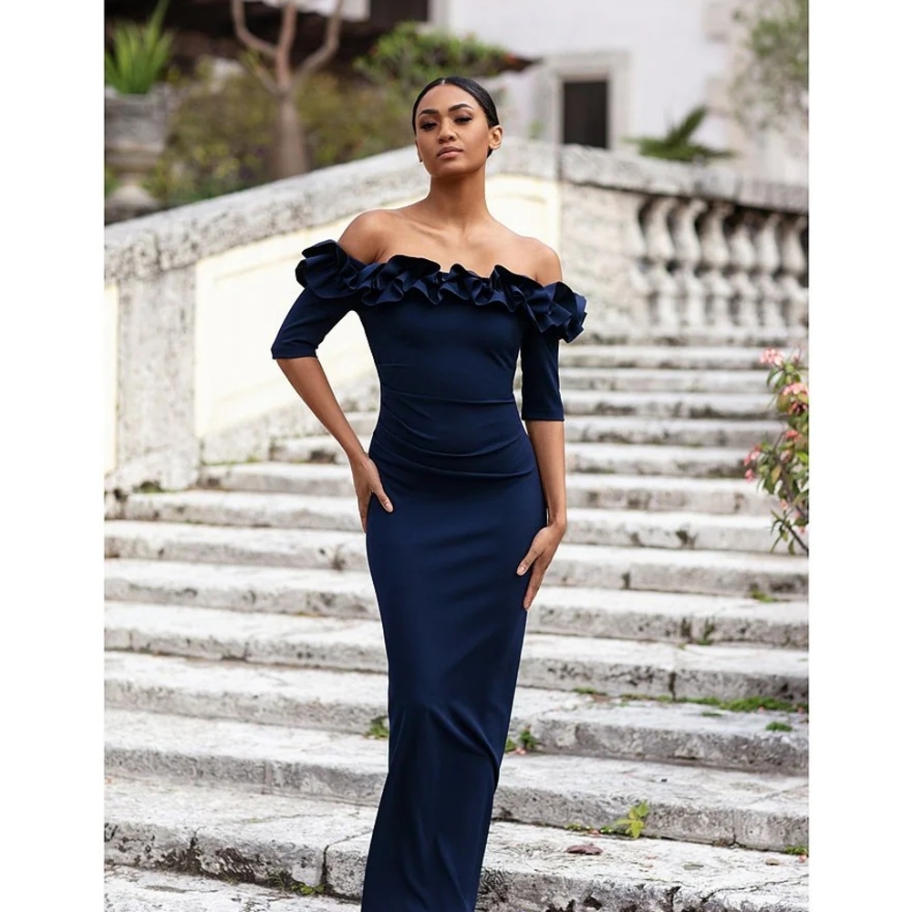 Xscape Navy Blue Ruched Off-Shoulder Gown